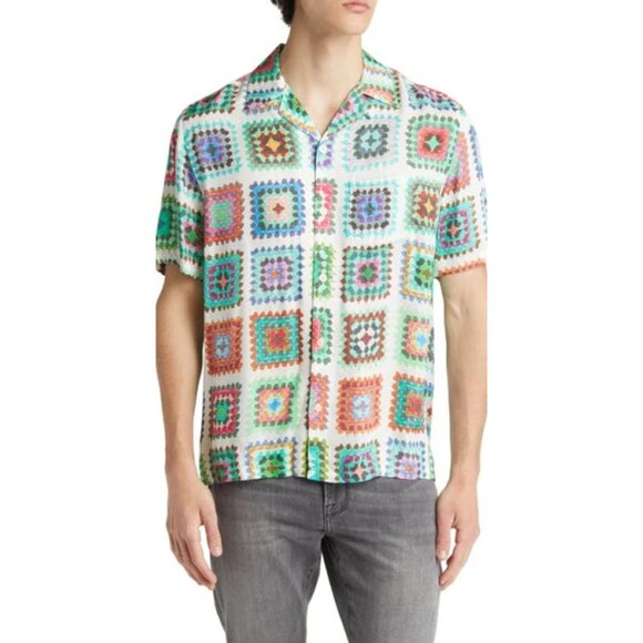 AllSaints Tunis Relaxed Fit Crochet Print Short Sleeve Button-Up Camp Shirt - Picture 5 of 5